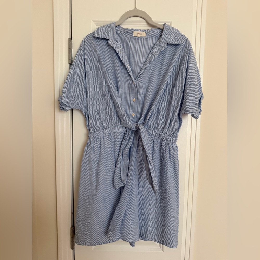 Ycoo Paris Light Blue Button-Front Kids Dress with Tie Waist